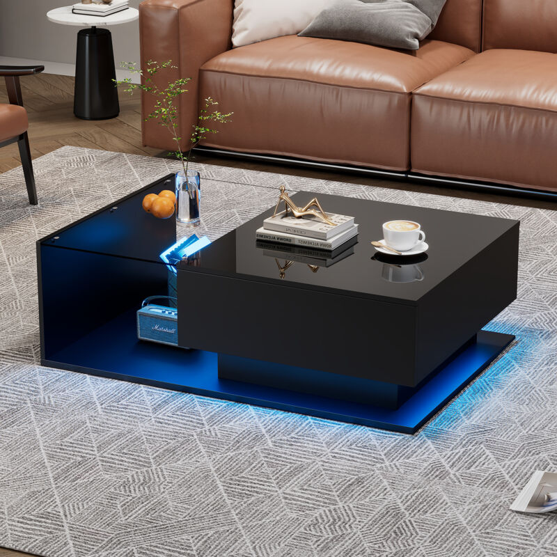 foto del prodotto tavolino nero lucido 100x50x32 cm con piano e cassetti in vetro, antigraffio, con 1 cassetto, con illuminazione a led, stile moderno