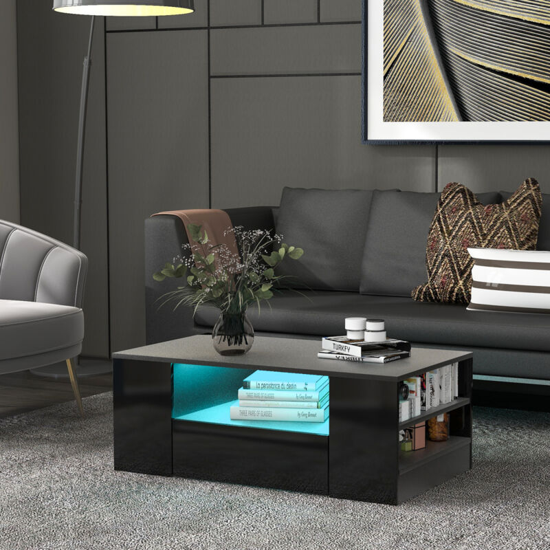 foto del prodotto tavolino nero lucido con led, 2 cassetti e 2 ripiani