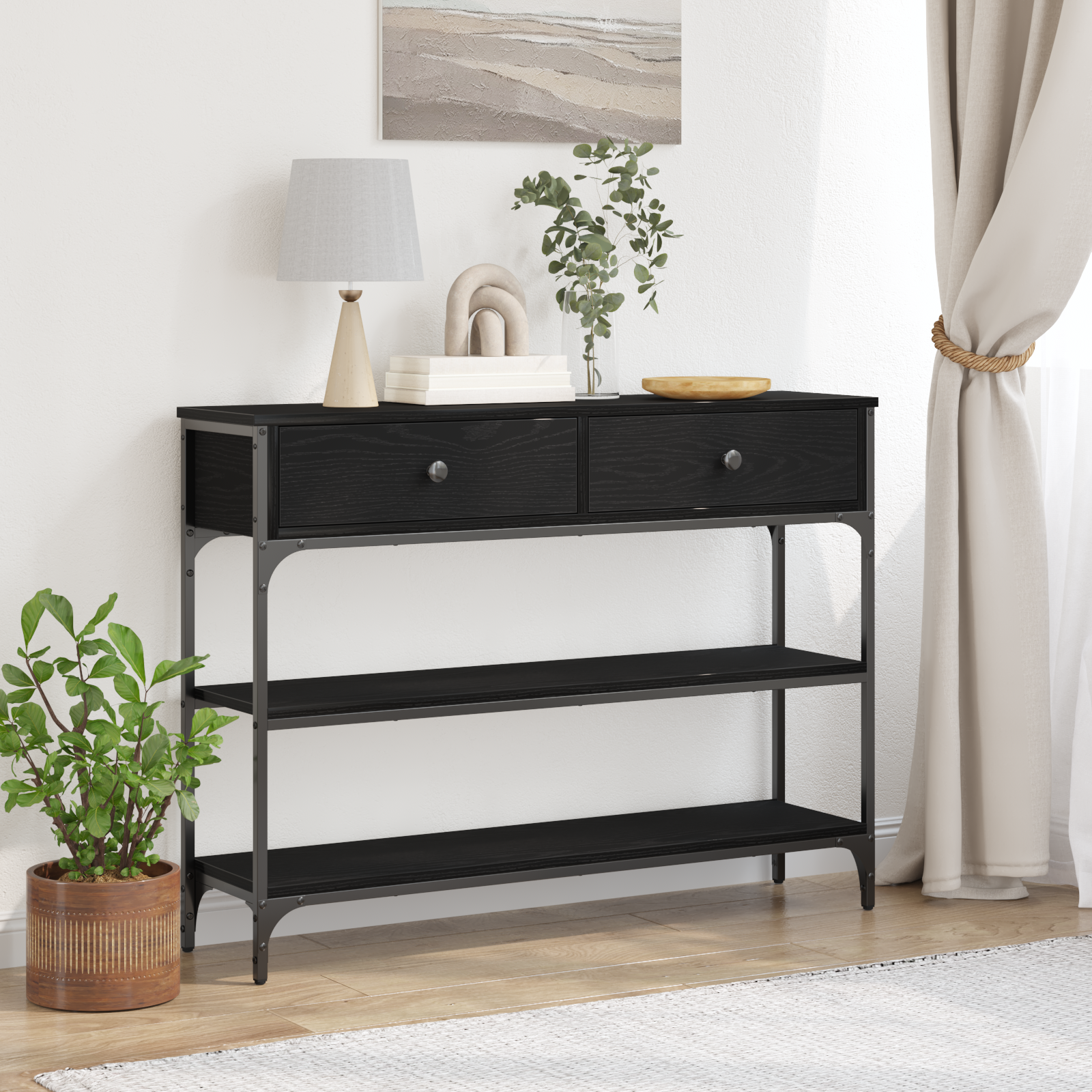 foto del prodotto tavolino nero rovere 100x25x75 cm legno ingegnerizzato e acciaio