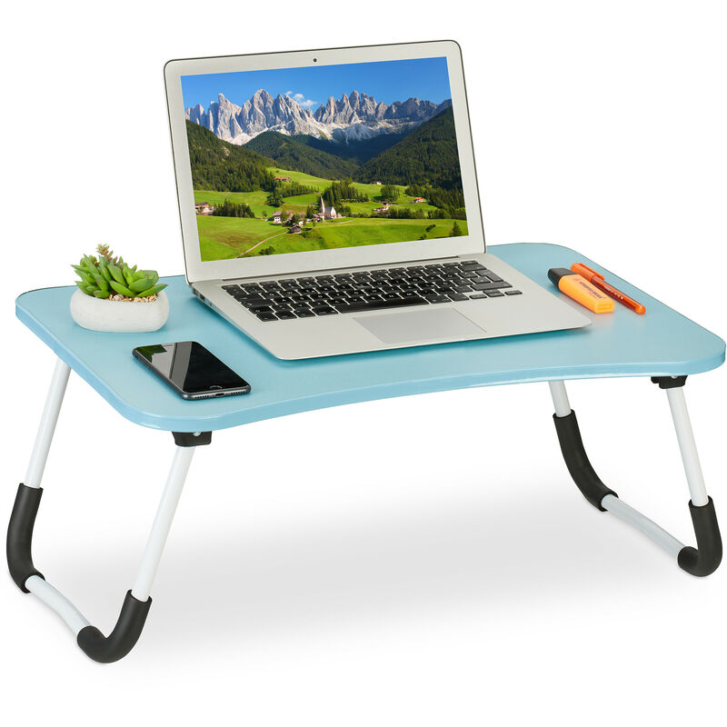 foto del prodotto tavolino per laptop, pieghevole, letto e divano, 26x63x40 cm, tavolinetto per notebook, mdf e ferro, azzurro relaxdays