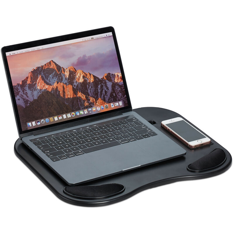 foto del prodotto tavolino per pc, poggiapolsi, porta cellulare, supporto ergonomico, tablet fino a 11 pollici, plastica, nero relaxdays
