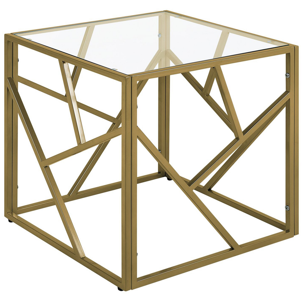 foto del prodotto tavolino piano in vetro trasparente struttura in metallo dorato cubo 50 x 50 cm glam modern