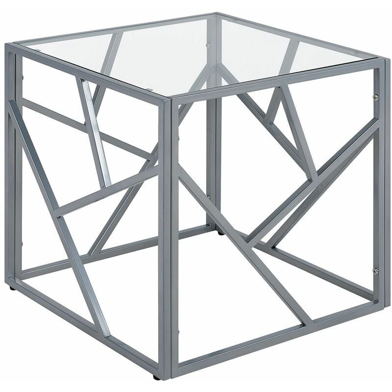 foto del prodotto tavolino piano vetro trasparente struttura metallo argento cubo 50 x 50 cm orland