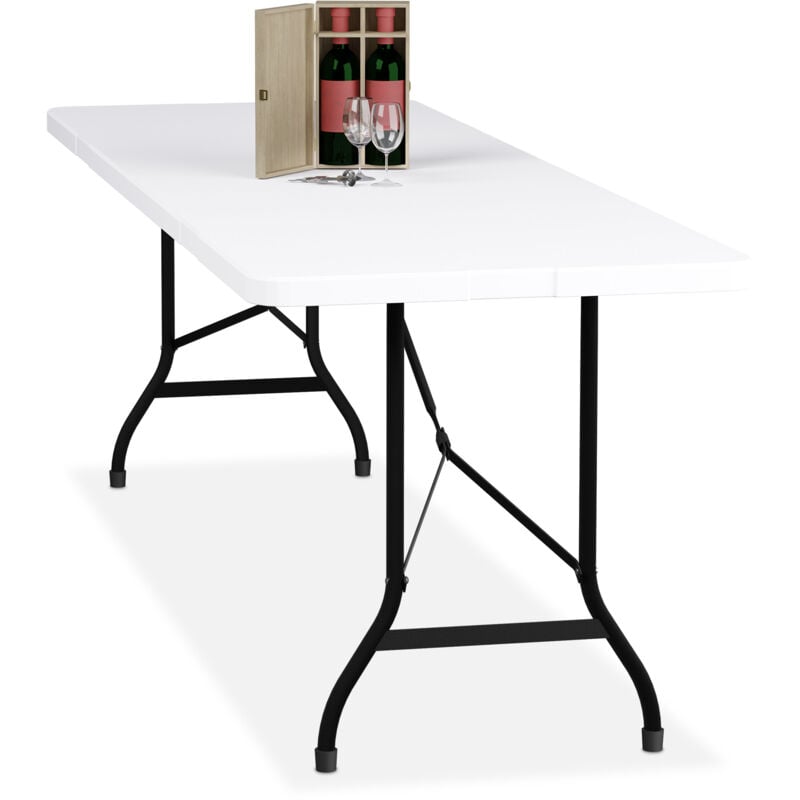 foto del prodotto tavolino pieghevole da giardino, hlp 75 x 220 x 68 cm, tavolo da campeggio, in plastica e acciaio, bianco relaxdays