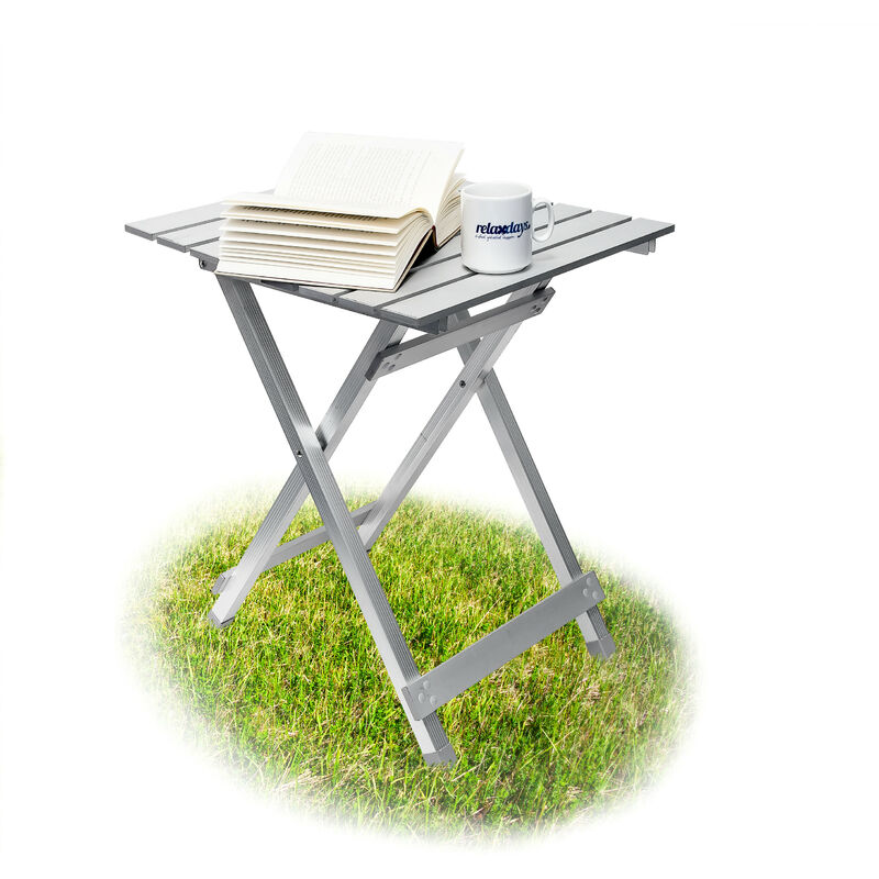 foto del prodotto tavolino pieghevole, hlp 59,5 x 50 x 47,5 cm, salvaspazio, resistente alle intemperie, alluminio, argento relaxdays