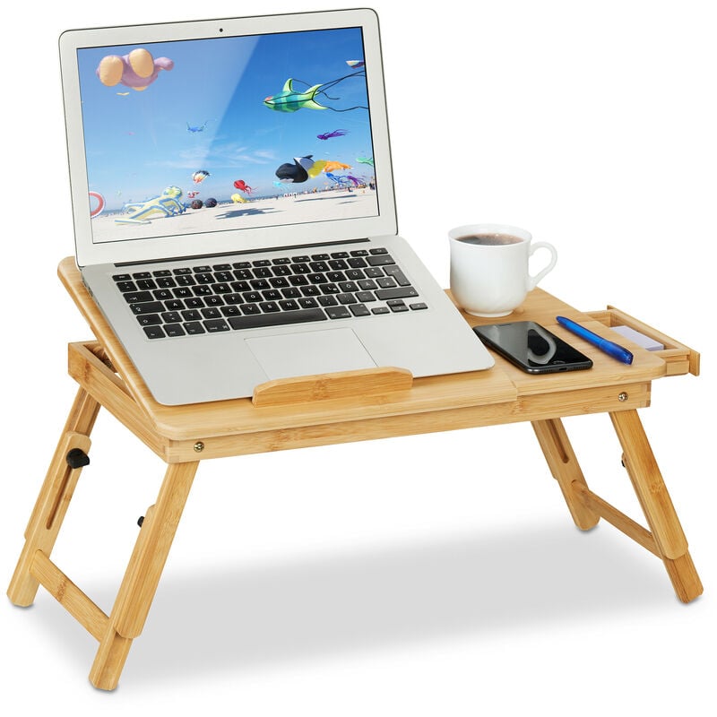 foto del prodotto tavolino porta pc per il letto, vassoio per laptop regolabile in altezza, ripiano inclinabile, marrone chiaro relaxdays