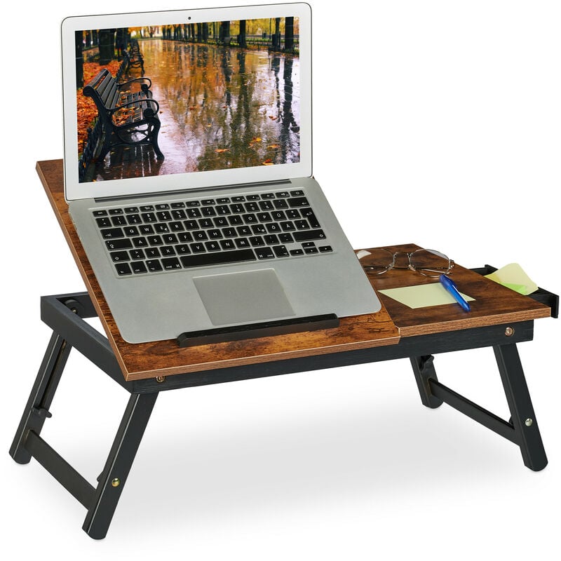 foto del prodotto tavolino porta pc per letto e divano, tavolo per notebook, in bamb , regolabile in altezza, marrone scuro nero relaxdays