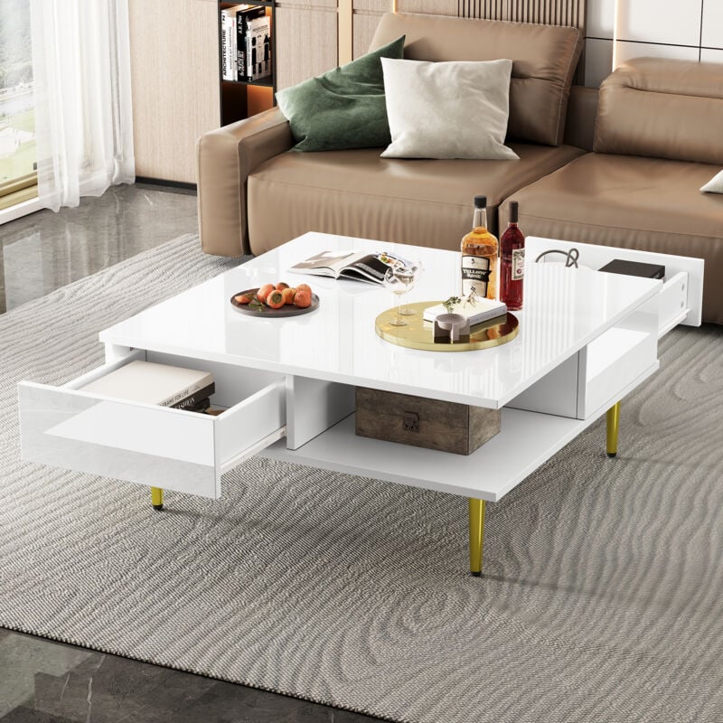 foto del prodotto tavolino quadrato bianco lucido con due cassetti, due vani a giorno e gambe dorate 70 x 70 x 36 cm supporta fino a 30 kg