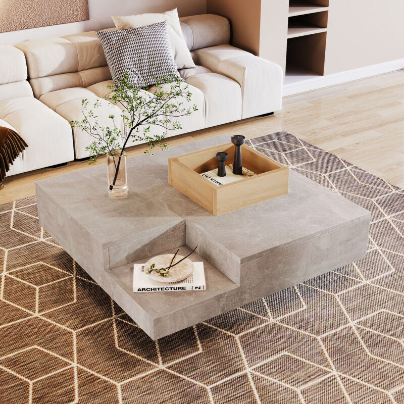 foto del prodotto tavolino quadrato con contenitore in legno estraibile, 72 x 72 x 30 cm, grigio