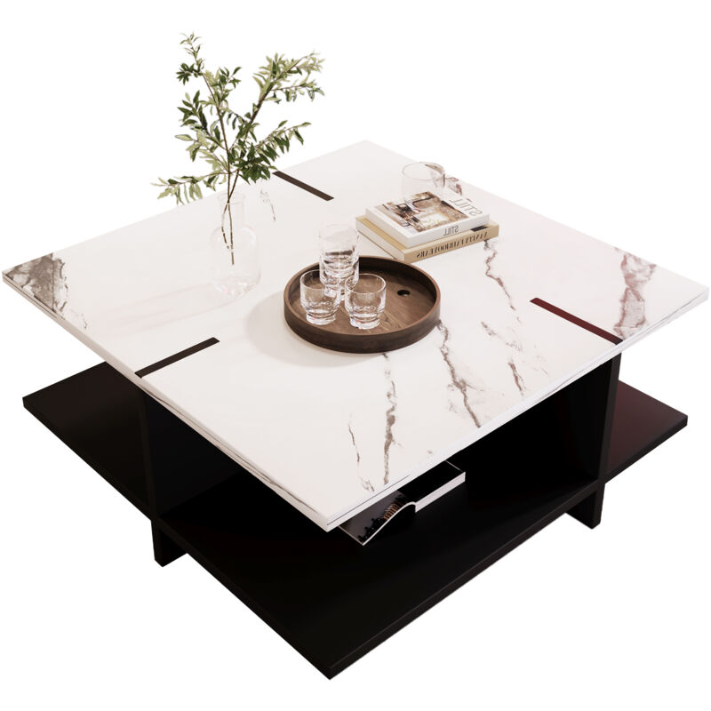 foto del prodotto tavolino quadrato, design moderno e minimalista in bianco e nero, aspetto marmo bianco