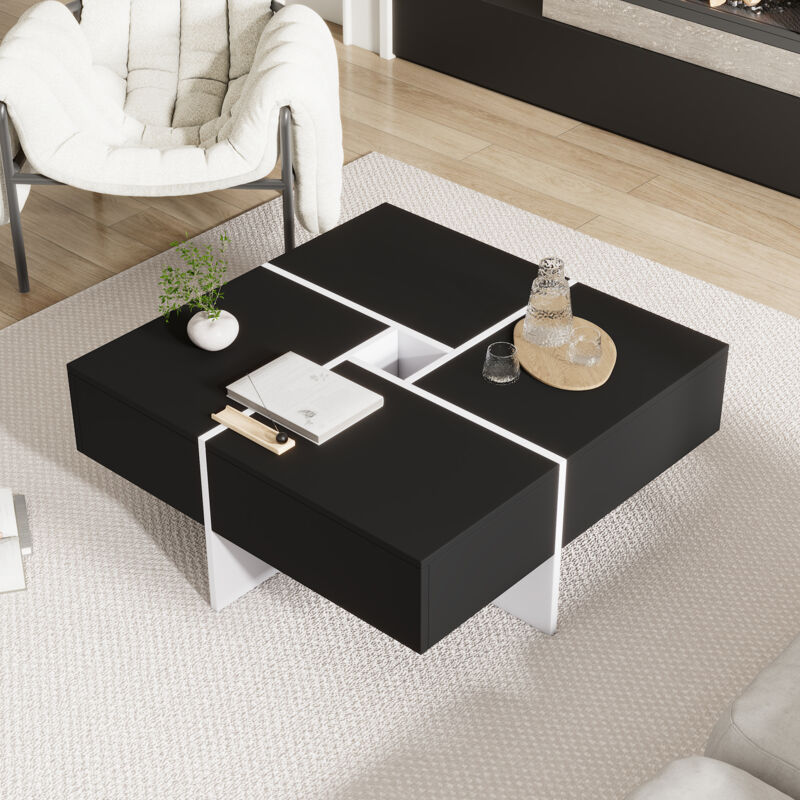 foto del prodotto tavolino quadrato moderno 707035 cm bianco e nero con vano portaoggetti centrale 1010 cm capacit di carico fino a 30 kg, tavolino quadrato nero