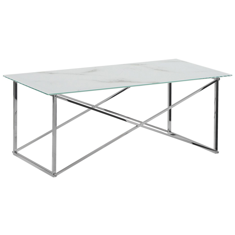 foto del prodotto tavolino rettangolare effetto marmo piano bianco gambe argento piano vetro temperato base acciaio inox 100 x 50 cm glam minimalista