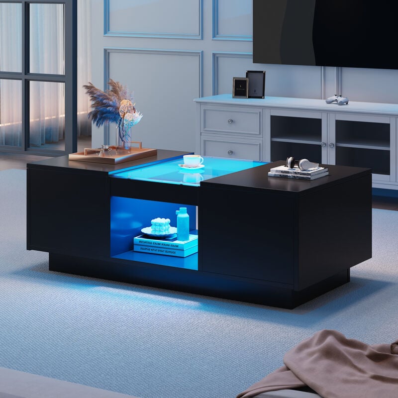 foto del prodotto tavolino rettangolare nero con led e 2 cassetti, pannelli in vetro, 100 x 50 x 35,5 cm