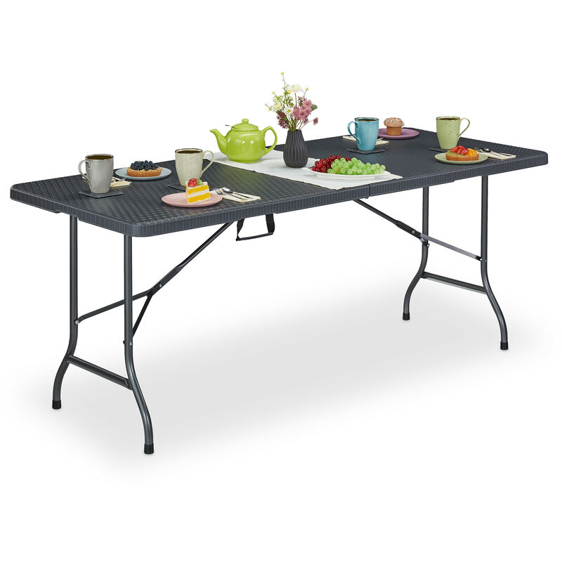 foto del prodotto tavolino ripiegabile da giardino, hlp 72 x 180 x 74 cm, aspetto rattan, tavolo di plastica e metallo, grigio relaxdays