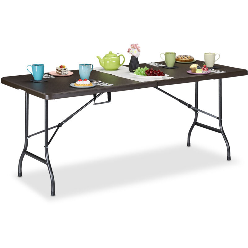foto del prodotto tavolino ripiegabile da giardino, hlp 72x180x74 cm, tavolo pieghevole di plastica, acciaio, 8 persone, marrone relaxdays