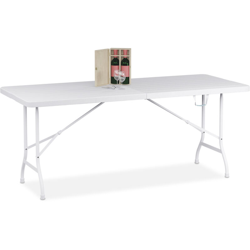 foto del prodotto tavolino ripiegabile da giardino, hlp 73x180x74 cm, tavolo pieghevole di plastica e acciaio, campeggio, bianco relaxdays