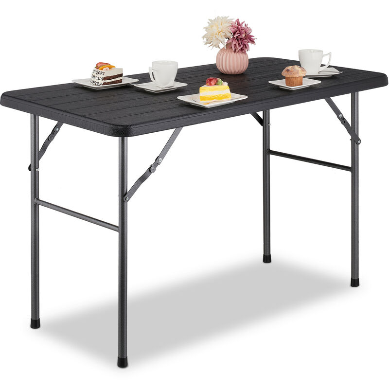 foto del prodotto tavolino ripiegabile da giardino, hlp 74 x 118 x 60 cm, aspetto legno, tavolo di plastica e metallo, nero relaxdays