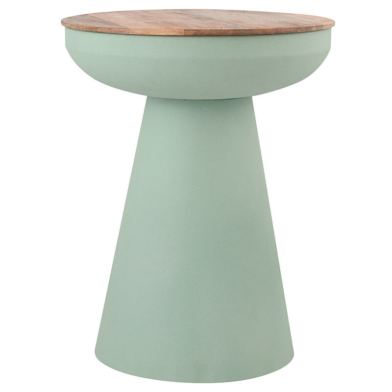 foto del prodotto tavolino rotondo design con vano in metallo celadon e legno massello di mango h52 cm tam