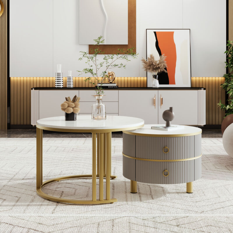 foto del prodotto tavolino rotondo mdf 2 in 1, tavolino con piano lucido e 1 piano in marmo bianco, tavolino da salotto combinato con 2 cassetti, 70 x 70 x 46 50 x