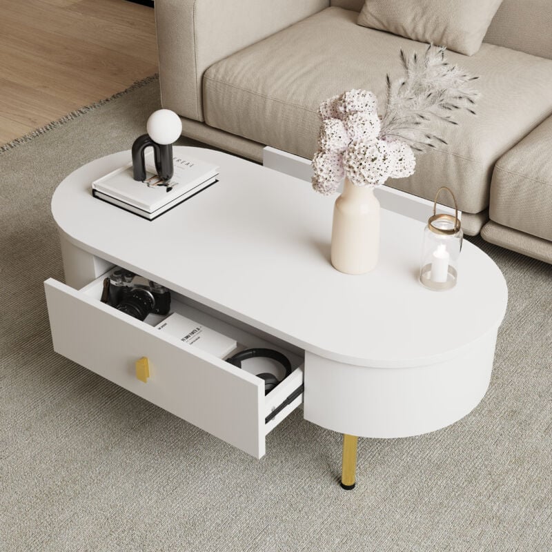 foto del prodotto tavolino salotto 108x50x40cm con 2 cassetti, maniglie e gambe dorate, tavolini bassi fissi, angoli curvi, stile lusso leggero, mdf, bianco