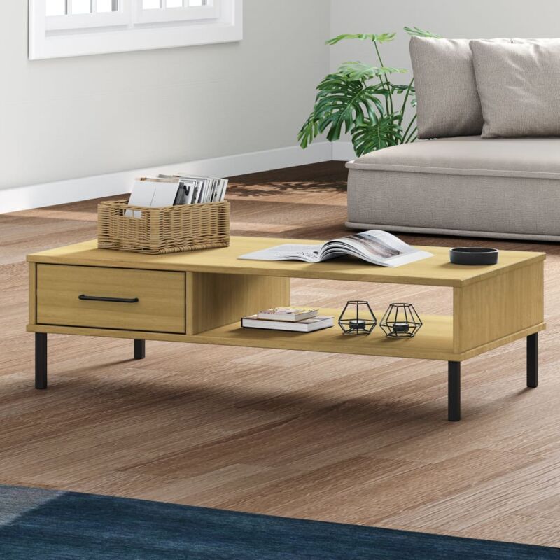 foto del prodotto tavolino salotto gambe metallo marrone legno massello pino oslo vidaxl