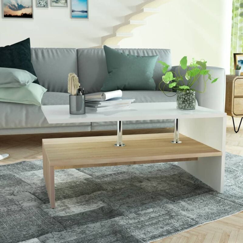 foto del prodotto tavolino salotto legno multistrato 90x59x42 cm rovere e bianco vidaxl