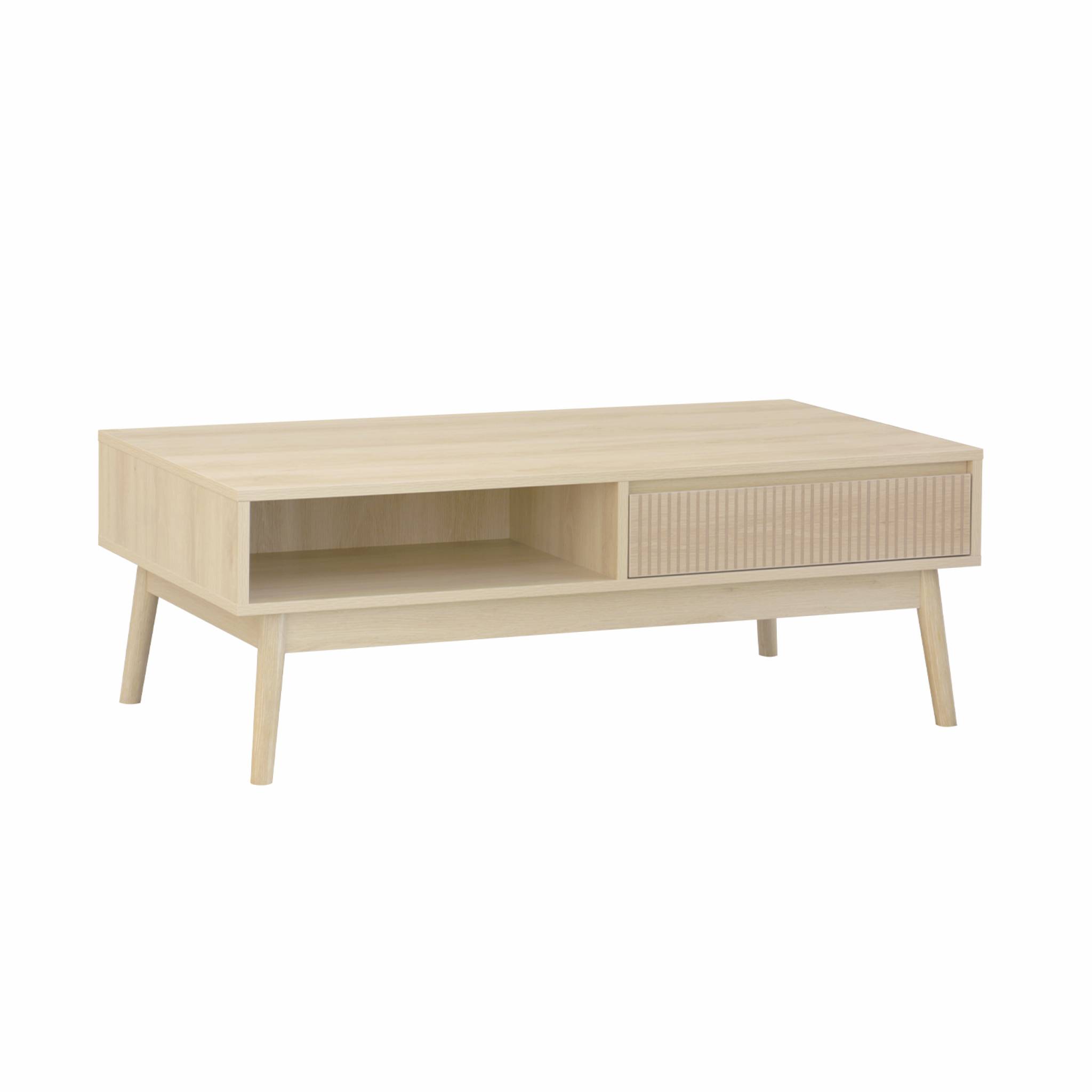 foto del prodotto tavolino scandinavo, decoro in legno scanalato, 2 nicchie, 1 cassetto,