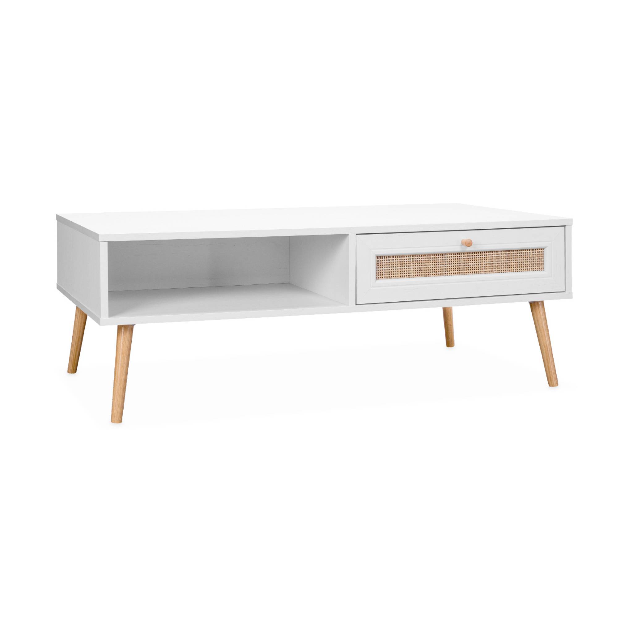 foto del prodotto tavolino scandinavo in vimini, 1 cassetto, bianco sporco