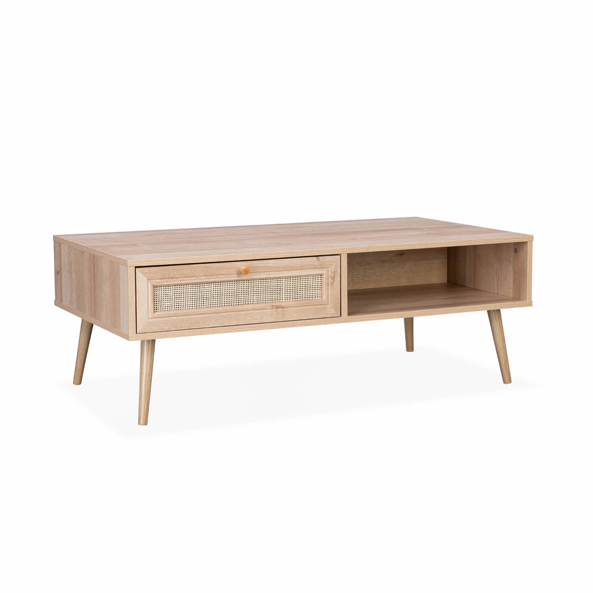 foto del prodotto tavolino scandinavo in vimini, 1 cassetto, marrone naturale