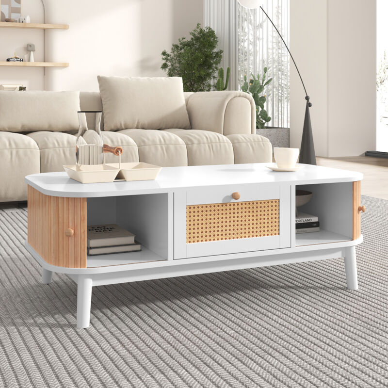 foto del prodotto tavolino tavolino in rattan, cassetti con rattan e ante scorrevoli con doghe in legno massello, gambe in legno massello, stile country bianco