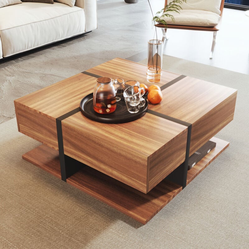 foto del prodotto tavolino, tavolino in stile moderno, 4 cassetti, vano portaoggetti nella parte inferiore. 78x78x34,8 cm, naturale