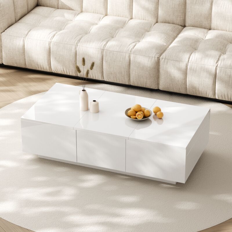 foto del prodotto tavolino, tavolo da soggiorno lucido con struttura contenitore push pull, cassetti bifacciali