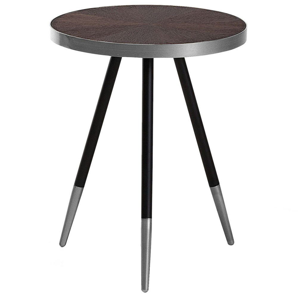foto del prodotto tavolino tondo da salotto effetto legno base treppiede color nero e argento soggiorno