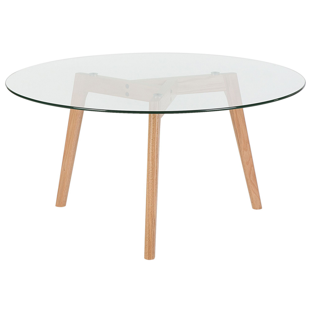 foto del prodotto tavolino tondo trasparente piano in vetro 3 gambe in legno chiaro minimalista scandinavo