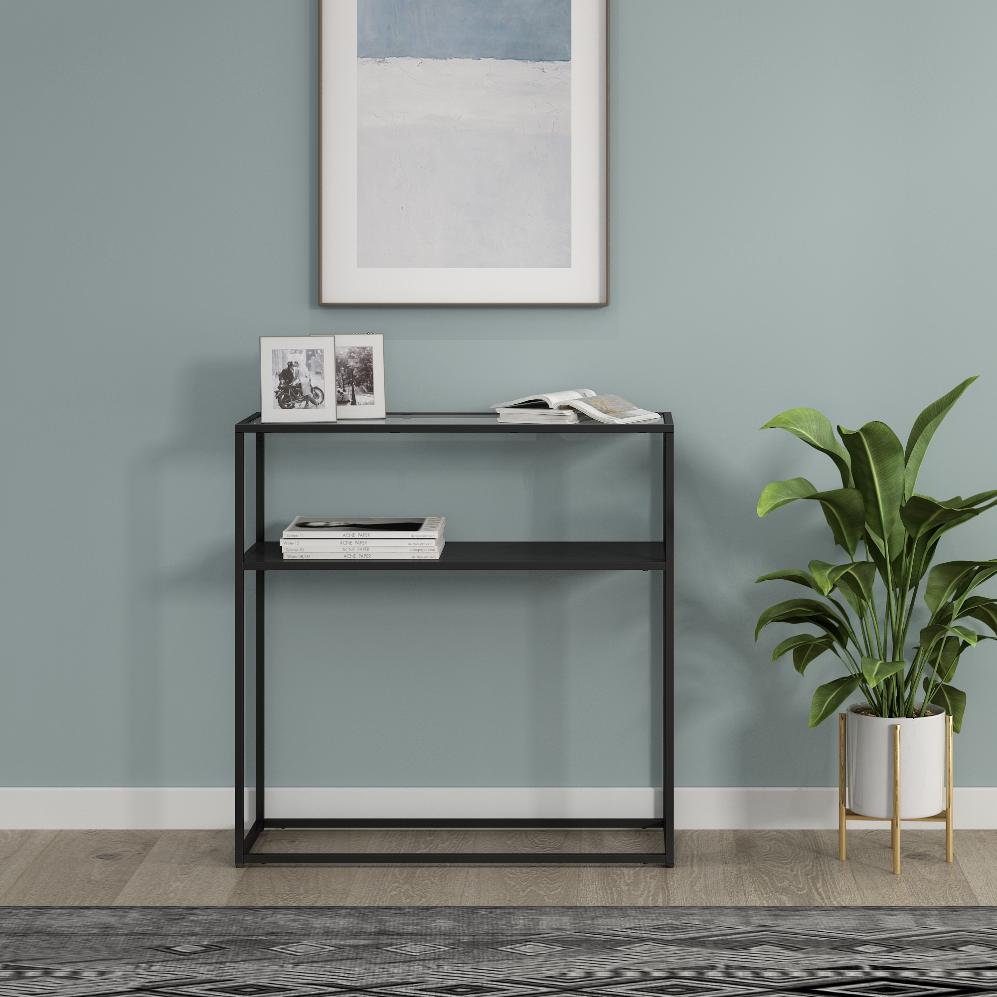 foto del prodotto tavolo a consolle kuhmo in metallo 80 x 80 x 30 cm 2 piani di appoggio vetro nero en.casa 