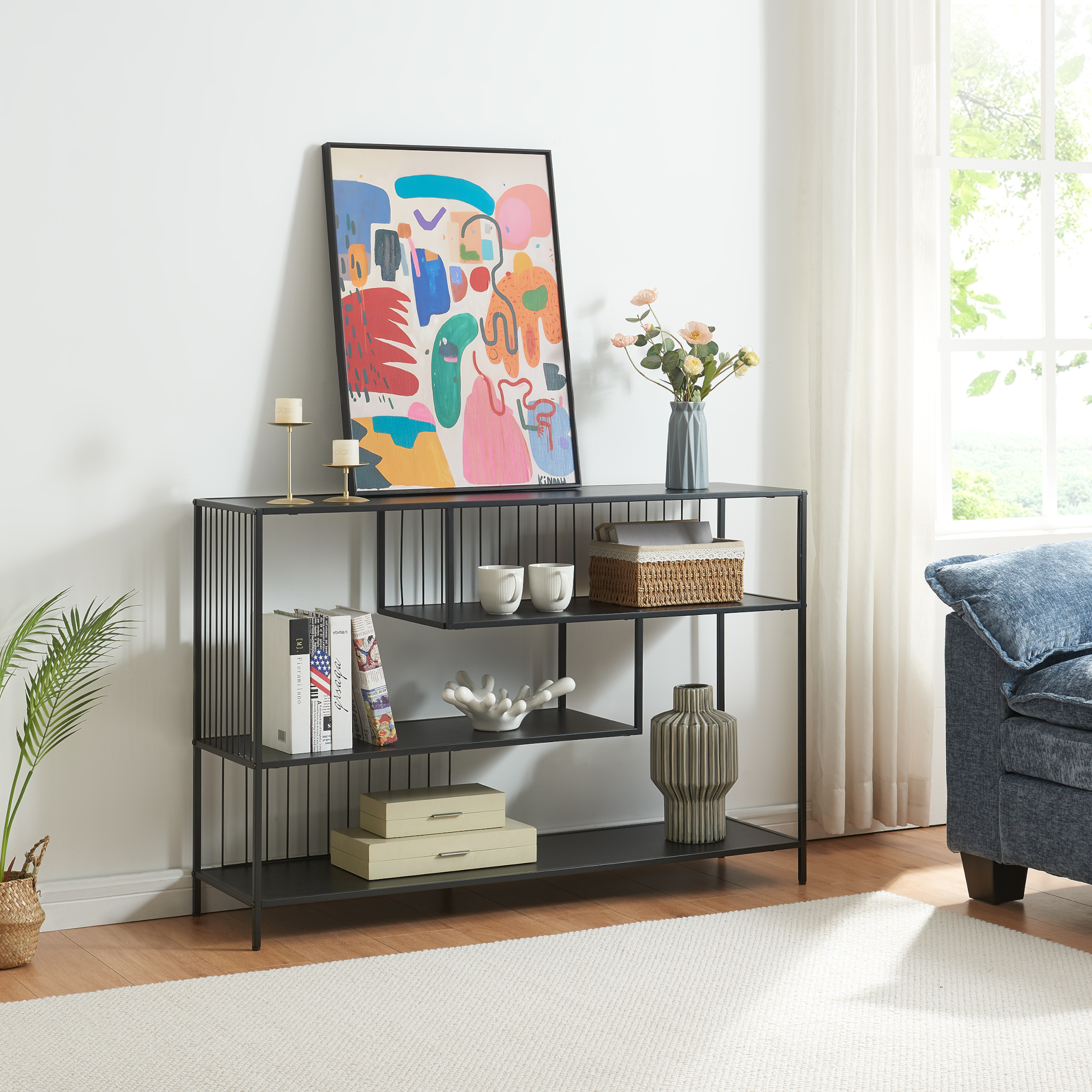 foto del prodotto tavolo a consolle oxel sund scaffale basso a 4 piani 120x33x80 cm nero en.casa 