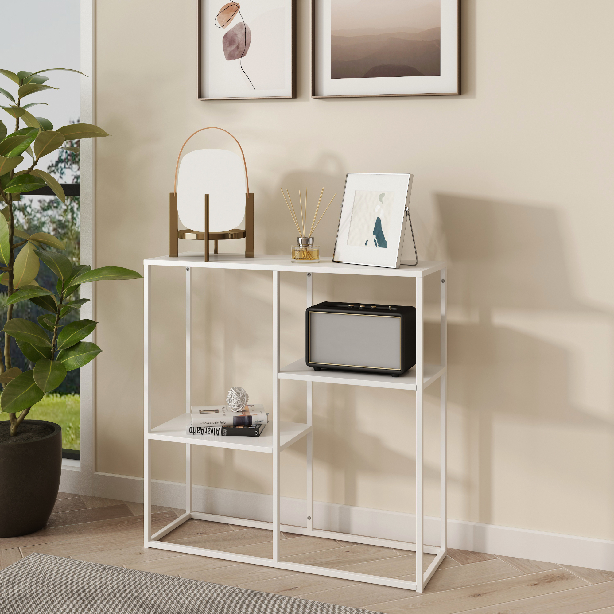 foto del prodotto tavolo a consolle str mstad scaffale da terra espositore 80x80x26 cm acciaio bianco opaco en.casa 