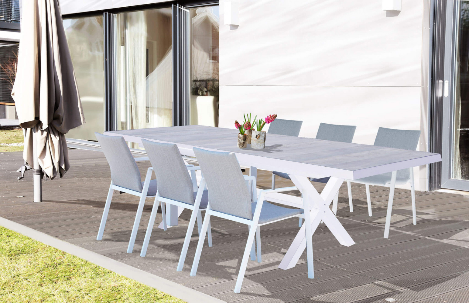 foto del prodotto tavolo alluminio e gres bianco djerba 200/260 x 100 cm