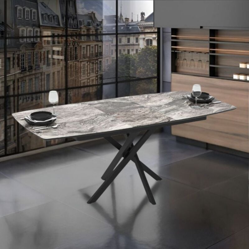 foto del prodotto tavolo allungabile con piano effetto marmo arabesque nero e gambe nere 145x90 cm perty