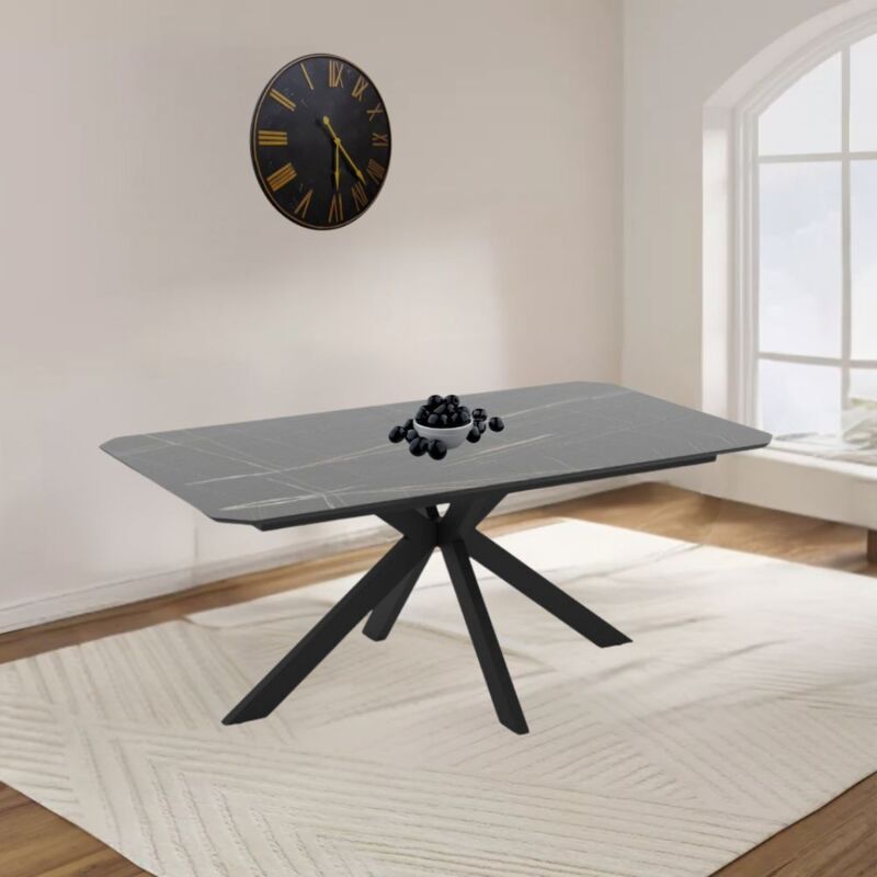 foto del prodotto tavolo allungabile con piano effetto marmo nero gold lucido e gambe in metallo nero 180x100 cm lirik