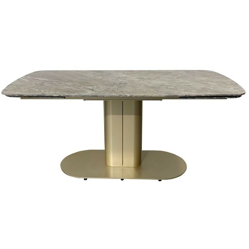 foto del prodotto tavolo allungabile con top in ceramica colore marrone lucido e base dorata vesta