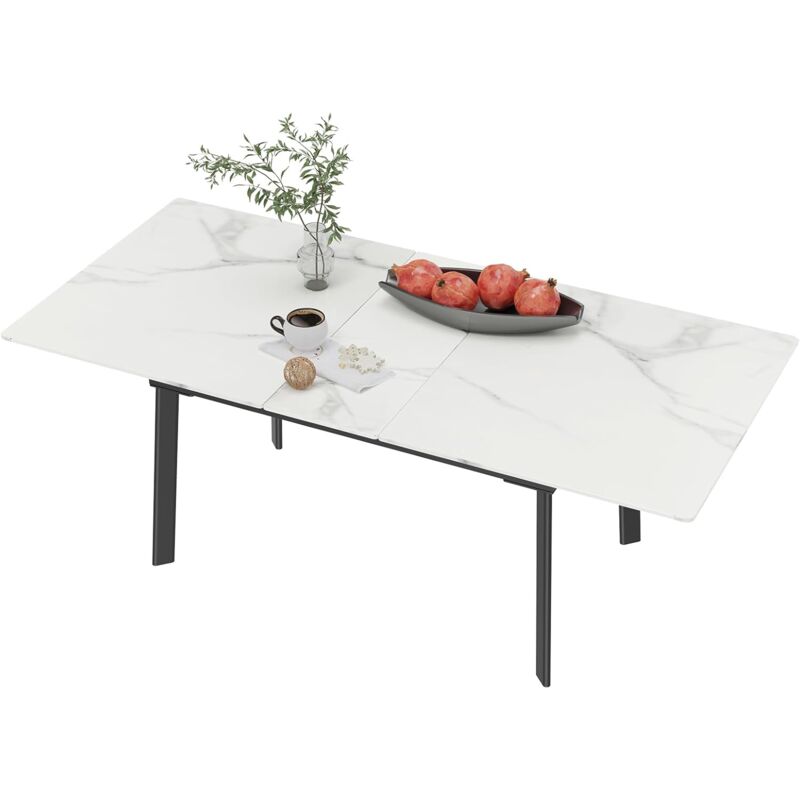 foto del prodotto tavolo allungabile sala da pranzo marmo 130 160cm rettangolare per 6 8 persone, bianco lucido pietra sinterizzata