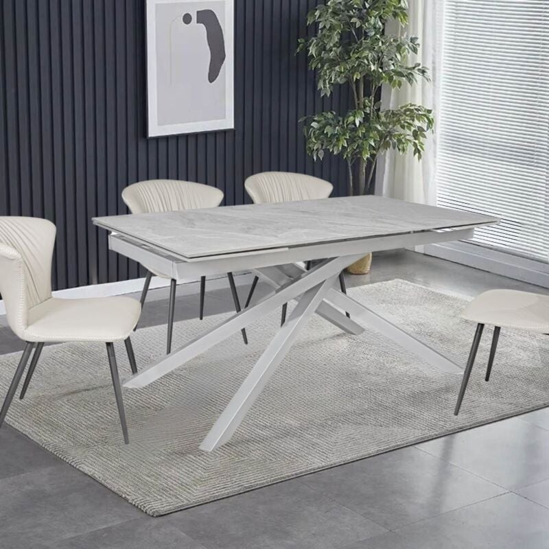 foto del prodotto tavolo allungabile top ceramica grigio chiaro italiano e gambe in metallo argento nefti 160x90x76h