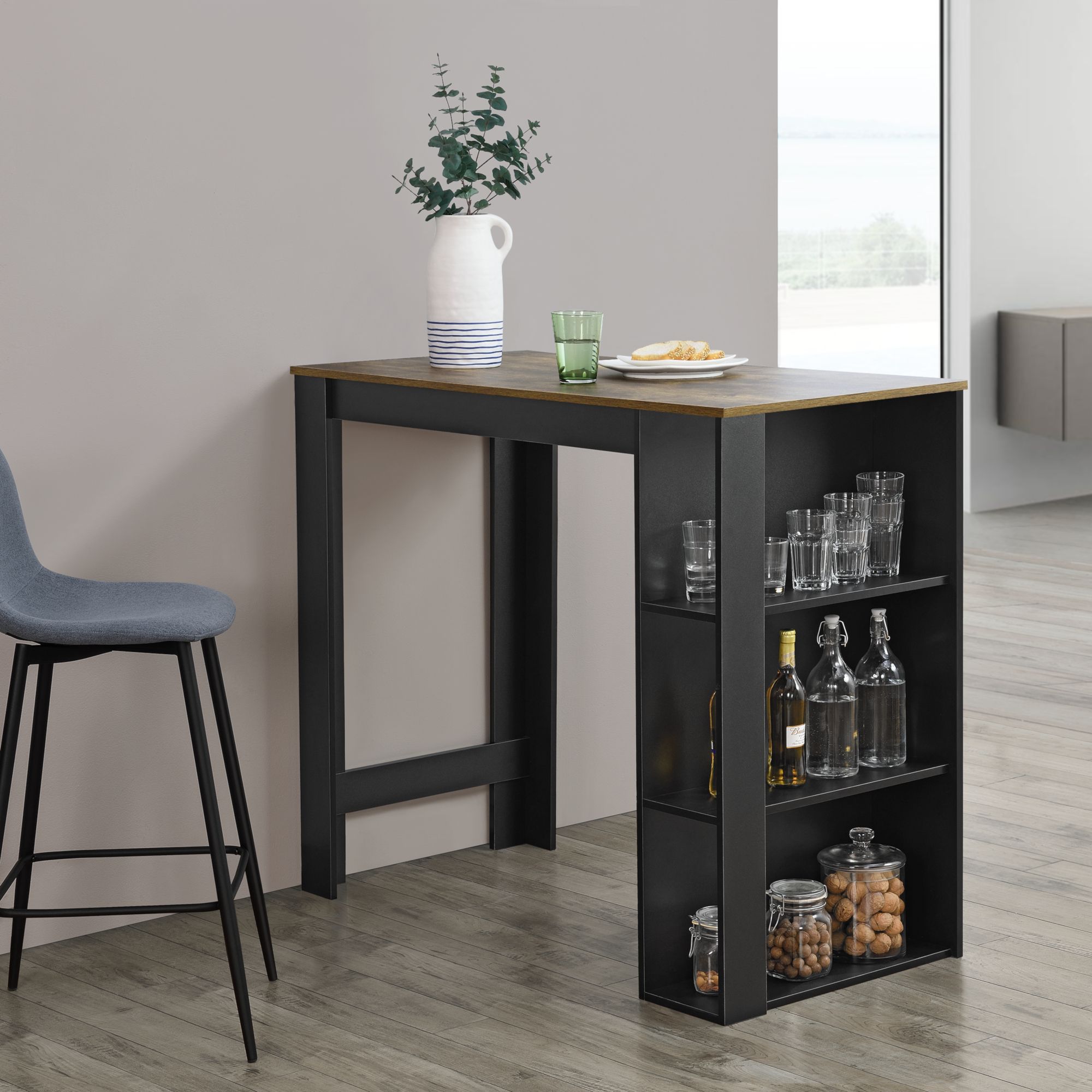 foto del prodotto tavolo alto da bar danderyd bancone a 3 ripiani laterali 120 x 60 x 106 cm - nero / effetto rovere scuro [en.casa]