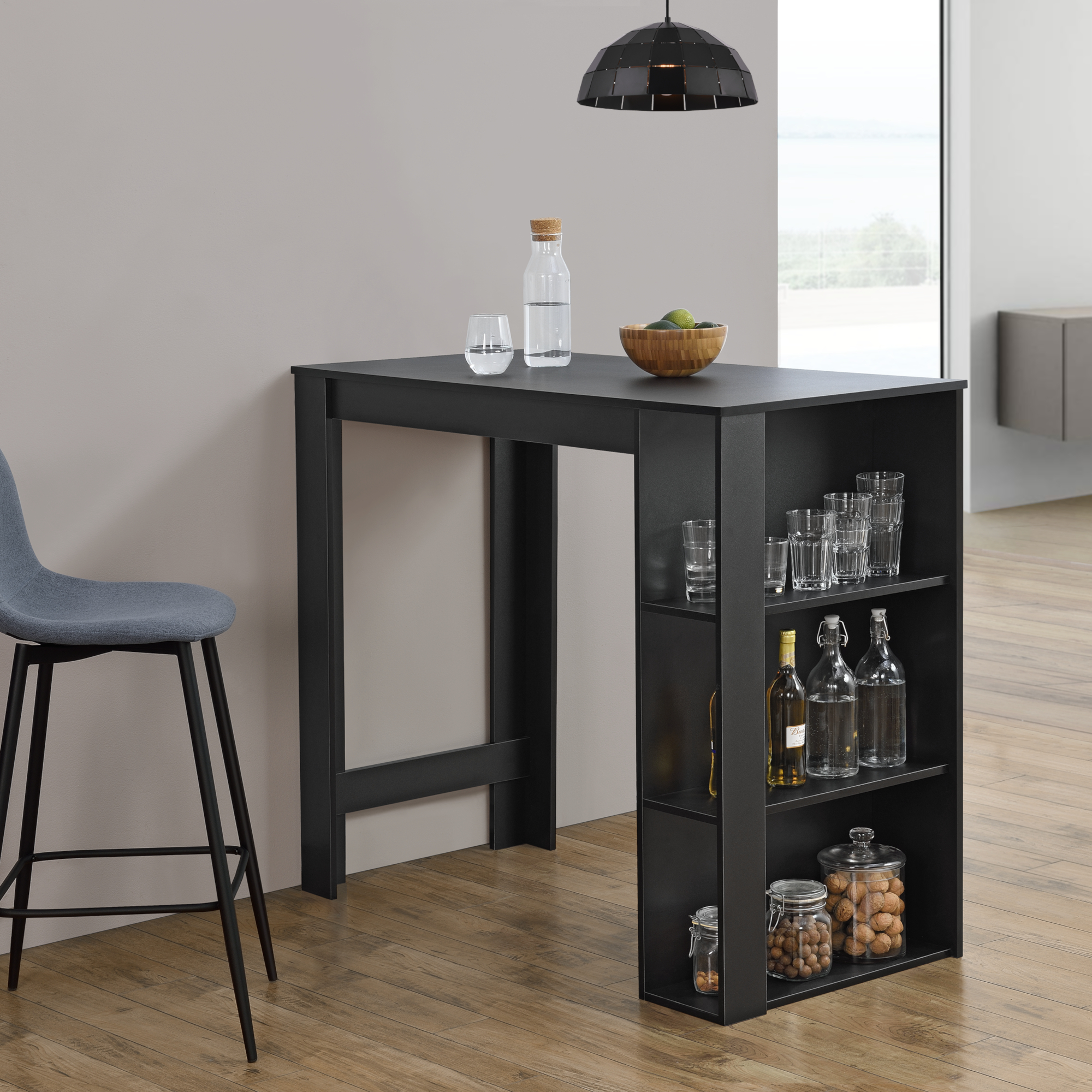 foto del prodotto tavolo alto da bar danderyd bancone a 3 ripiani laterali 120 x 60 x 106 cm nero en.casa 