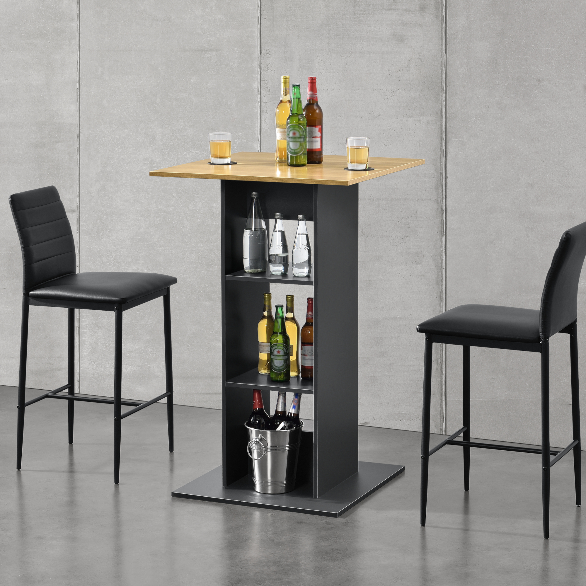 foto del prodotto tavolo alto da bar visby con piano quadrato e 3 ripiani grigio scuro colore legno en.casa 