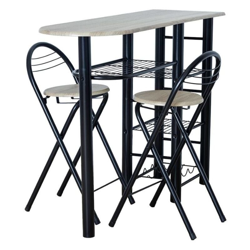 foto del prodotto tavolo alto da cucina per ufficio in stile industriale in legno nero e chiaro con 2 sgabelli pieghevoli 40x88x120 cm