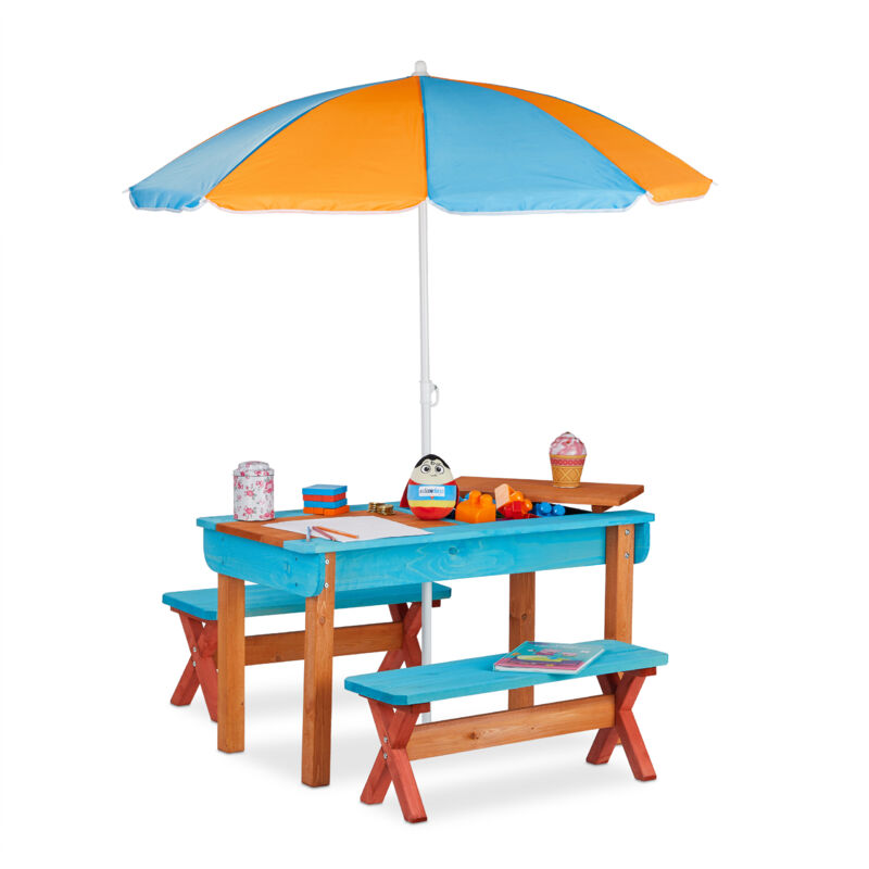 foto del prodotto tavolo bambini con ombrellone, in legno, set composto da tavolo, 2x panche ombrellone, da giardino, colorato relaxdays