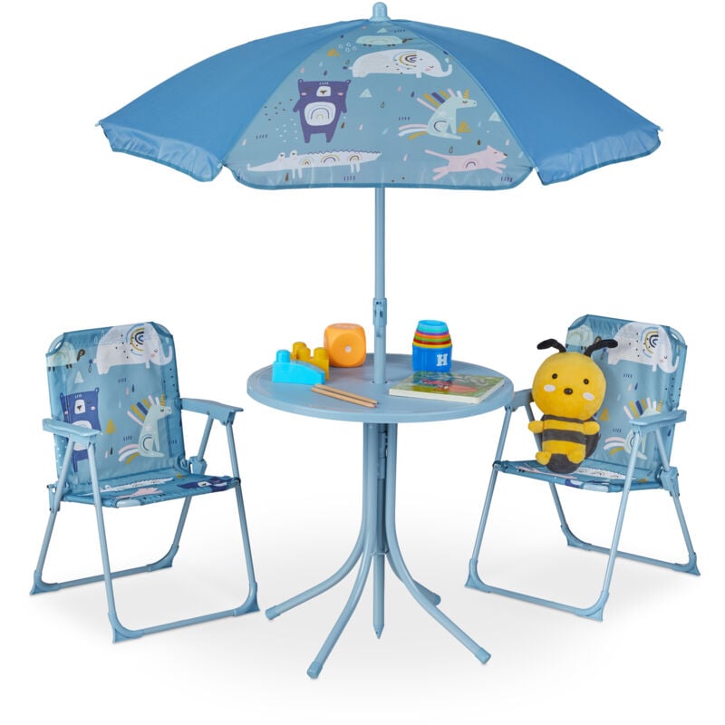 foto del prodotto tavolo bambini con ombrellone, set con 2 sedie, da campeggio e giardino, tavolino picnic, con animali relaxdays