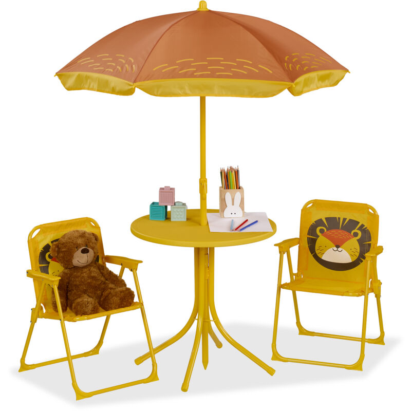 foto del prodotto tavolo bambini con ombrellone, set con 2 sedie, da campeggio e giardino, tavolino picnic, design leone, giallo relaxdays